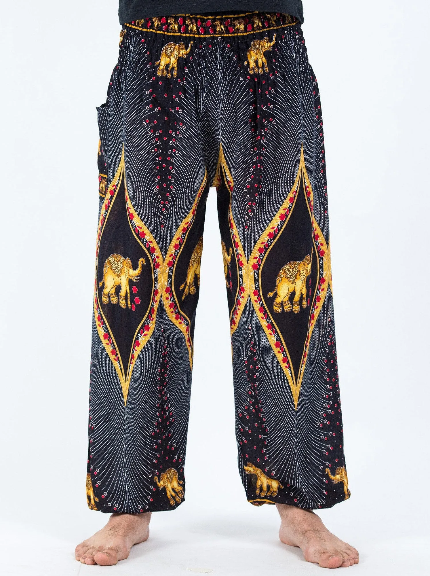 Unisex Peacock Elephants Harem Pants in Black