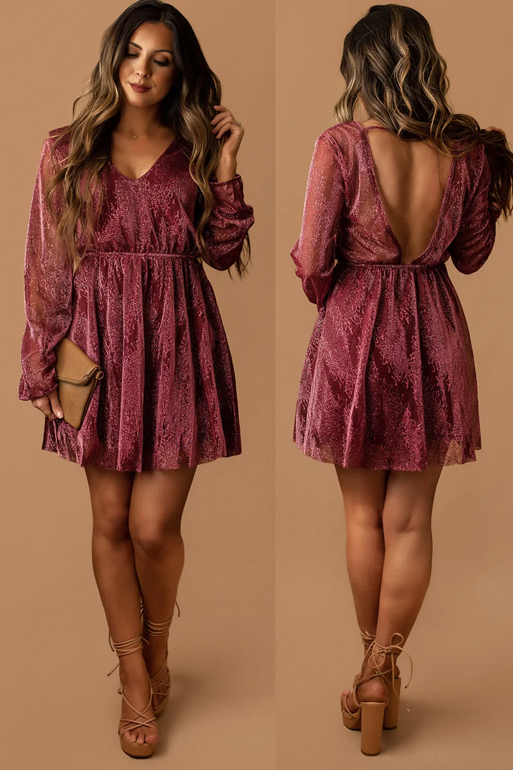 Whimsical Lust Metallic Open Back Mini Dress (Wine) | FINAL SALE