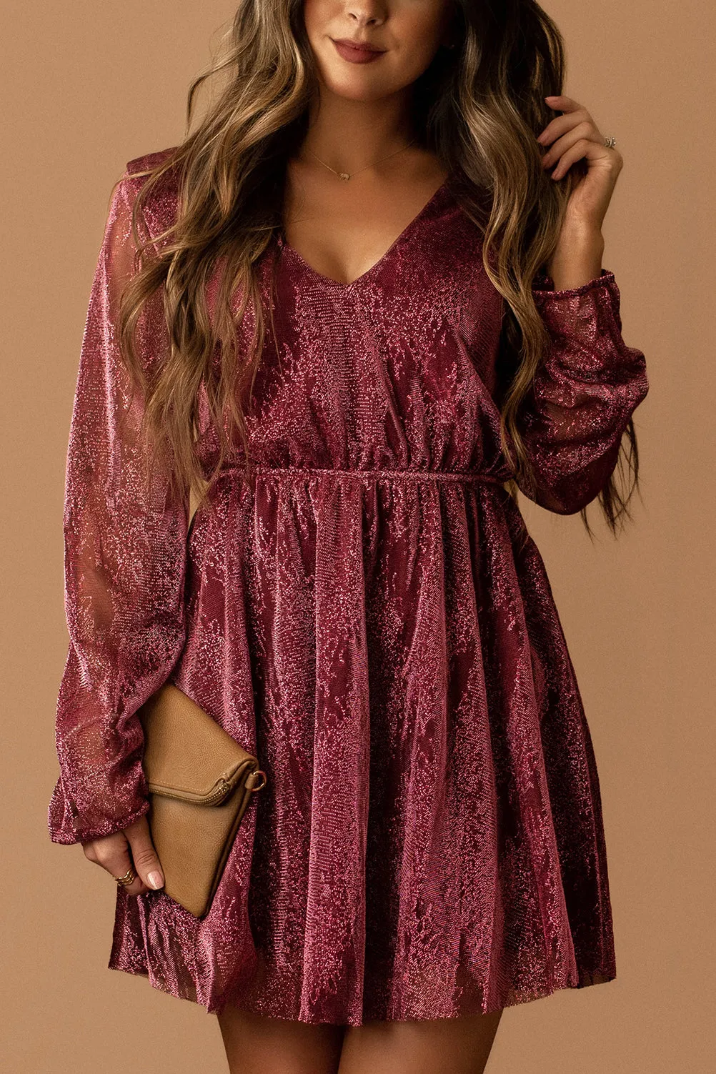 Whimsical Lust Metallic Open Back Mini Dress (Wine) | FINAL SALE