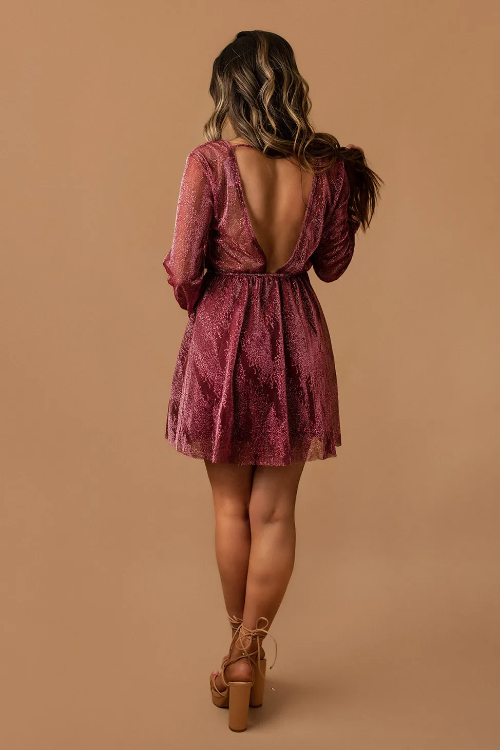 Whimsical Lust Metallic Open Back Mini Dress (Wine) | FINAL SALE