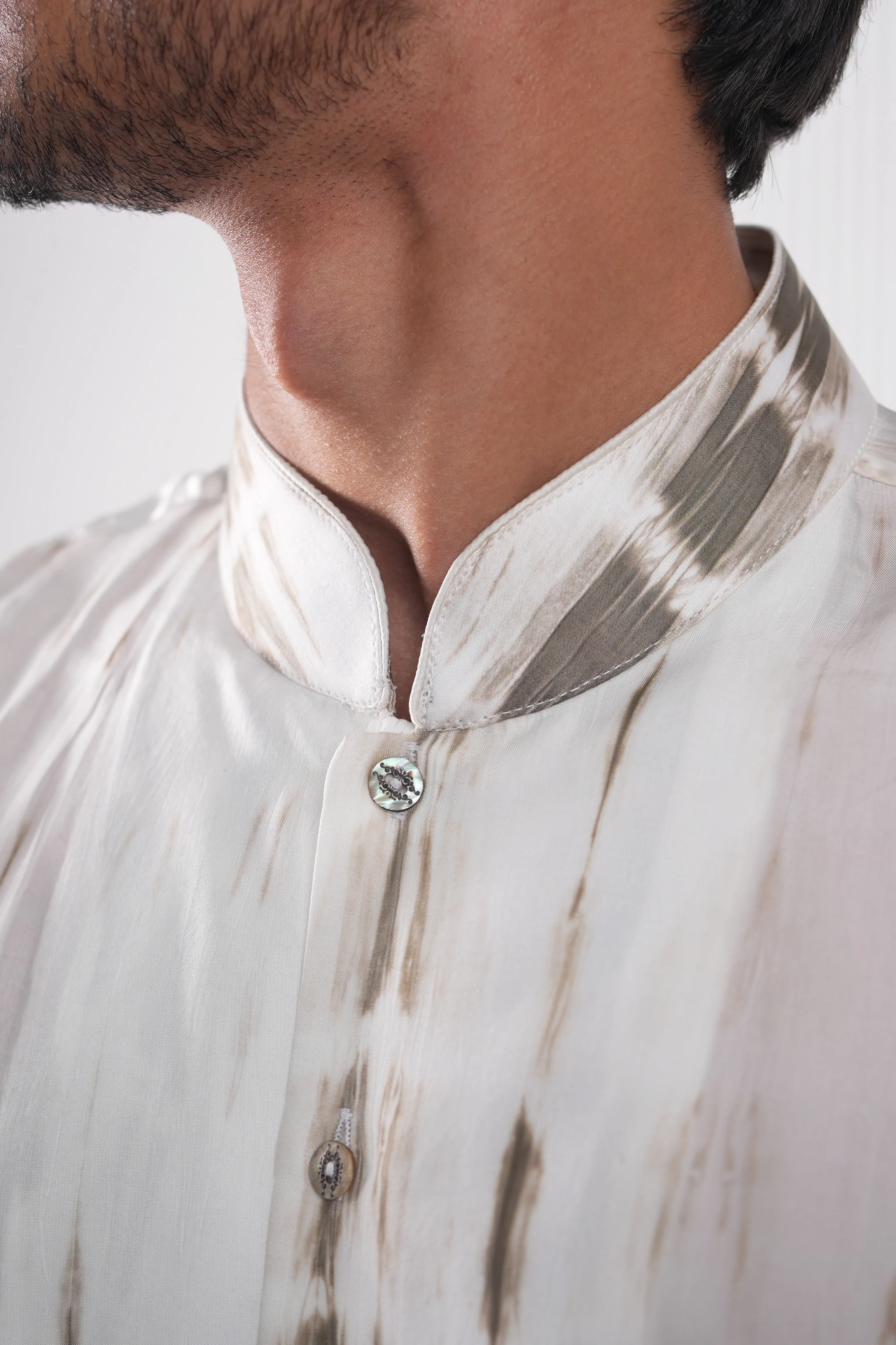 White Grey Streaks Silk Shirt