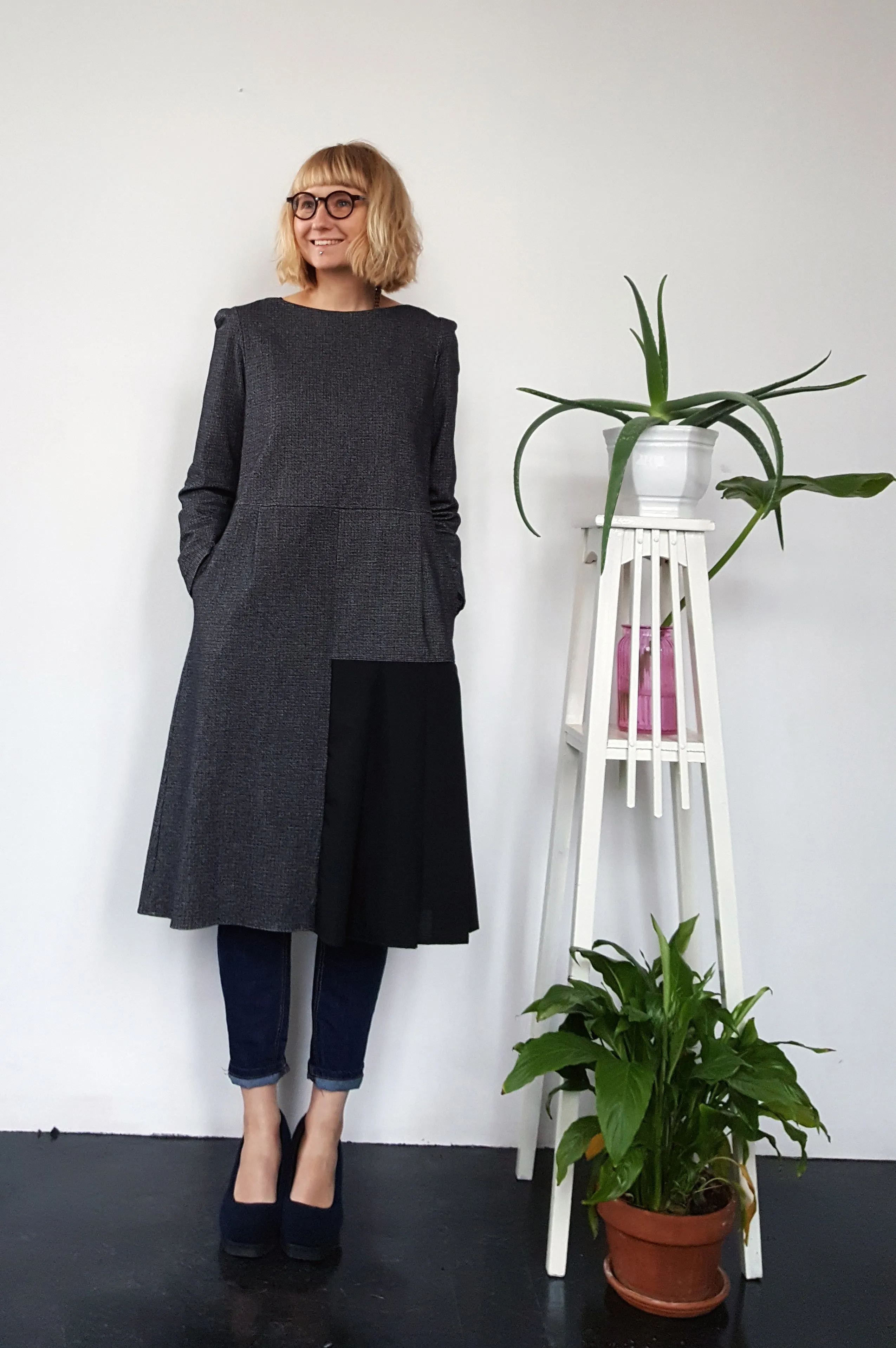 Winter Dress from Heavy Cotton Fine Checked Fabric and Black Asymetrical Pleated Detail