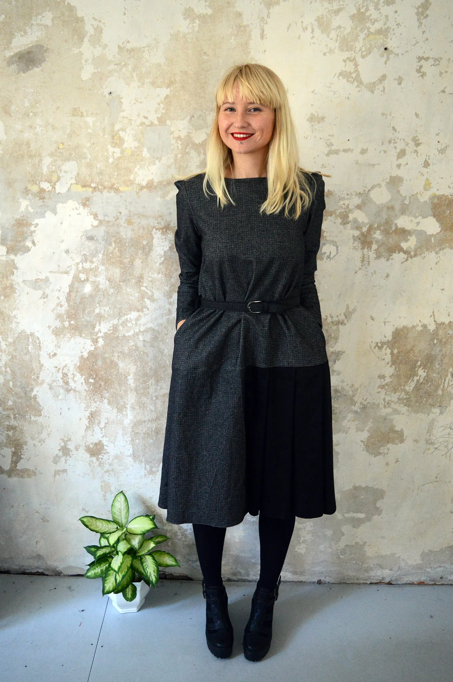 Winter Dress from Heavy Cotton Fine Checked Fabric and Black Asymetrical Pleated Detail