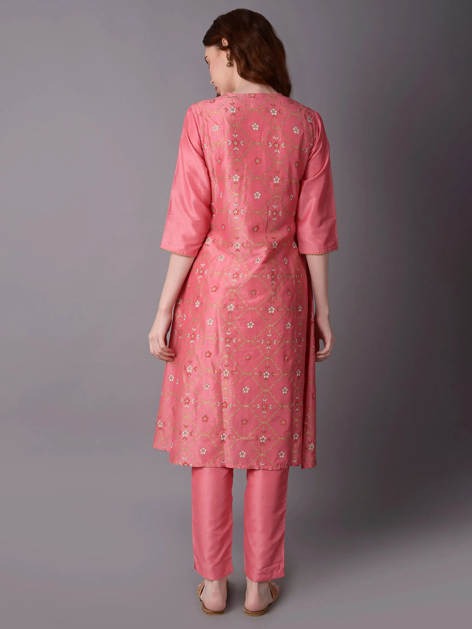 Women Pink Stripe Printed Kurta Trouser Jacket