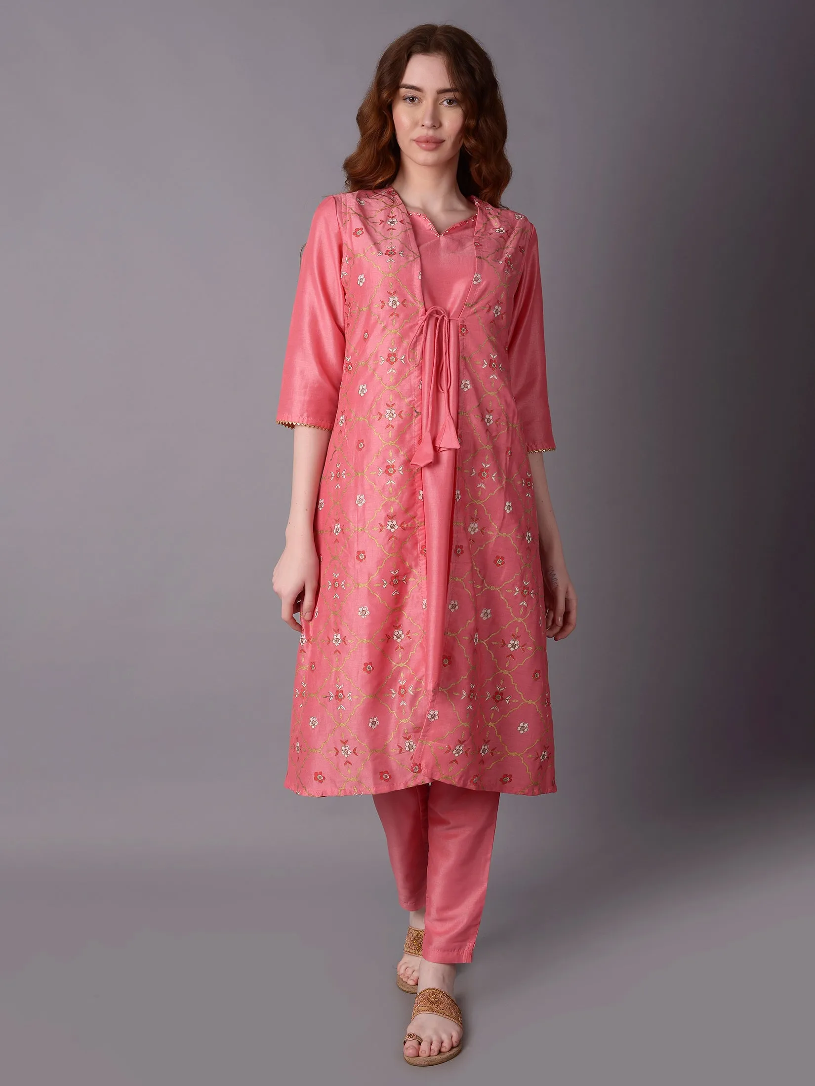 Women Pink Stripe Printed Kurta Trouser Jacket