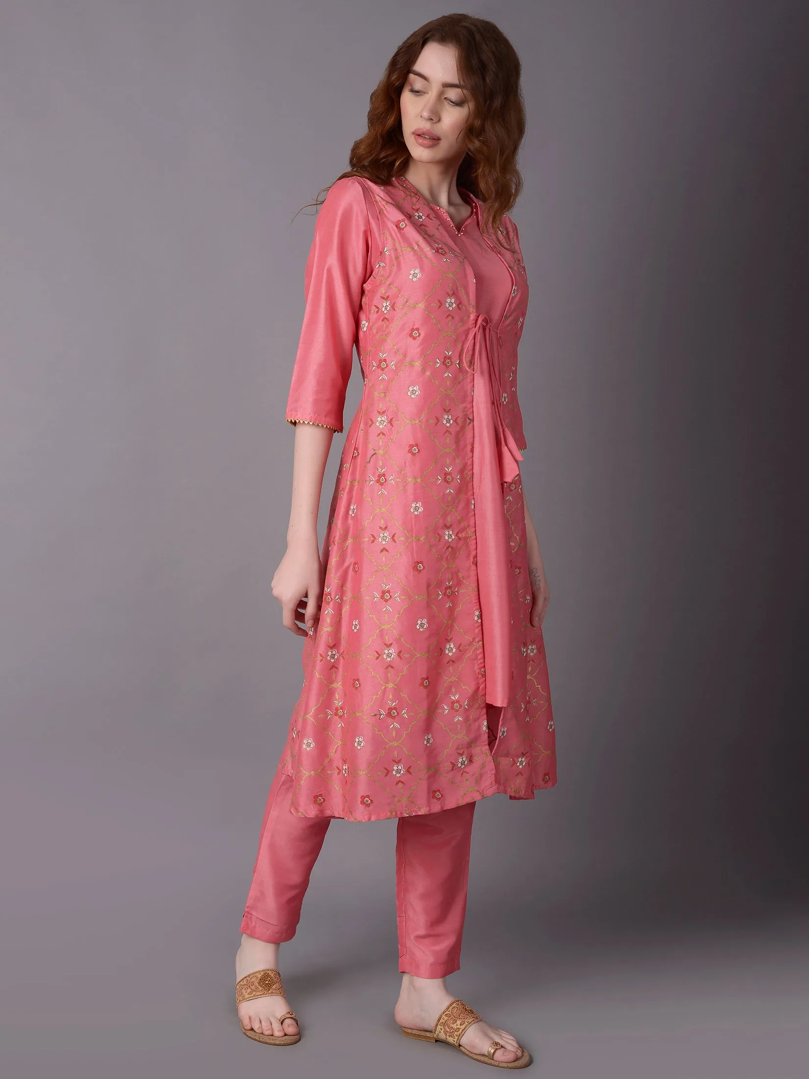 Women Pink Stripe Printed Kurta Trouser Jacket