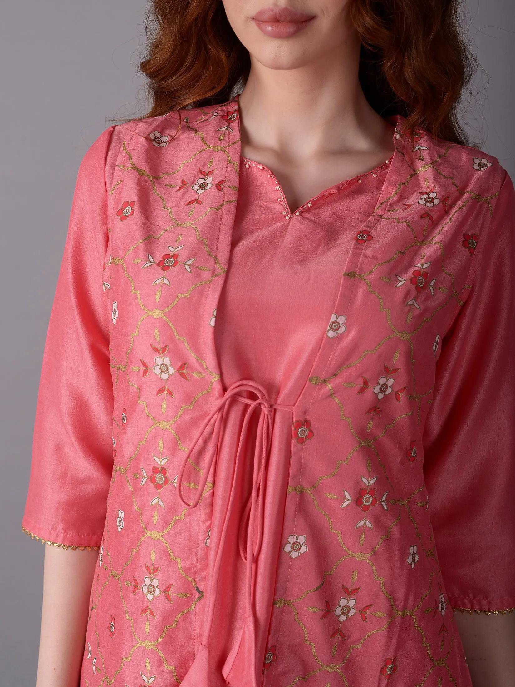 Women Pink Stripe Printed Kurta Trouser Jacket