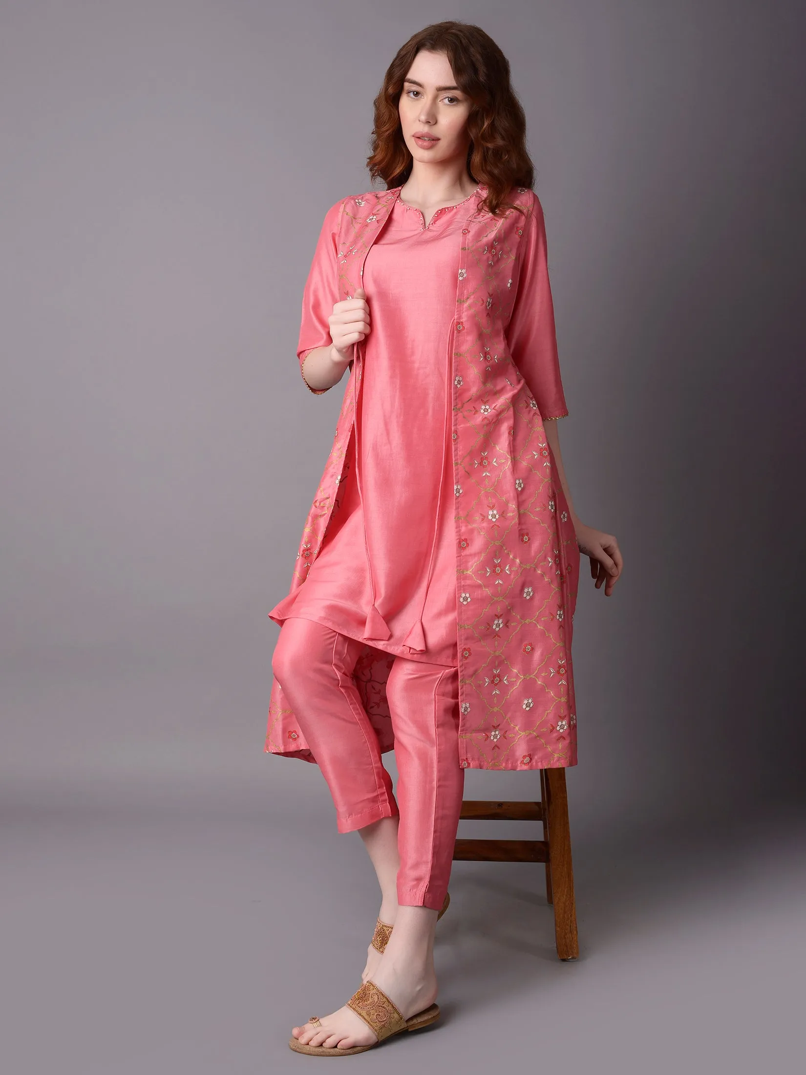 Women Pink Stripe Printed Kurta Trouser Jacket