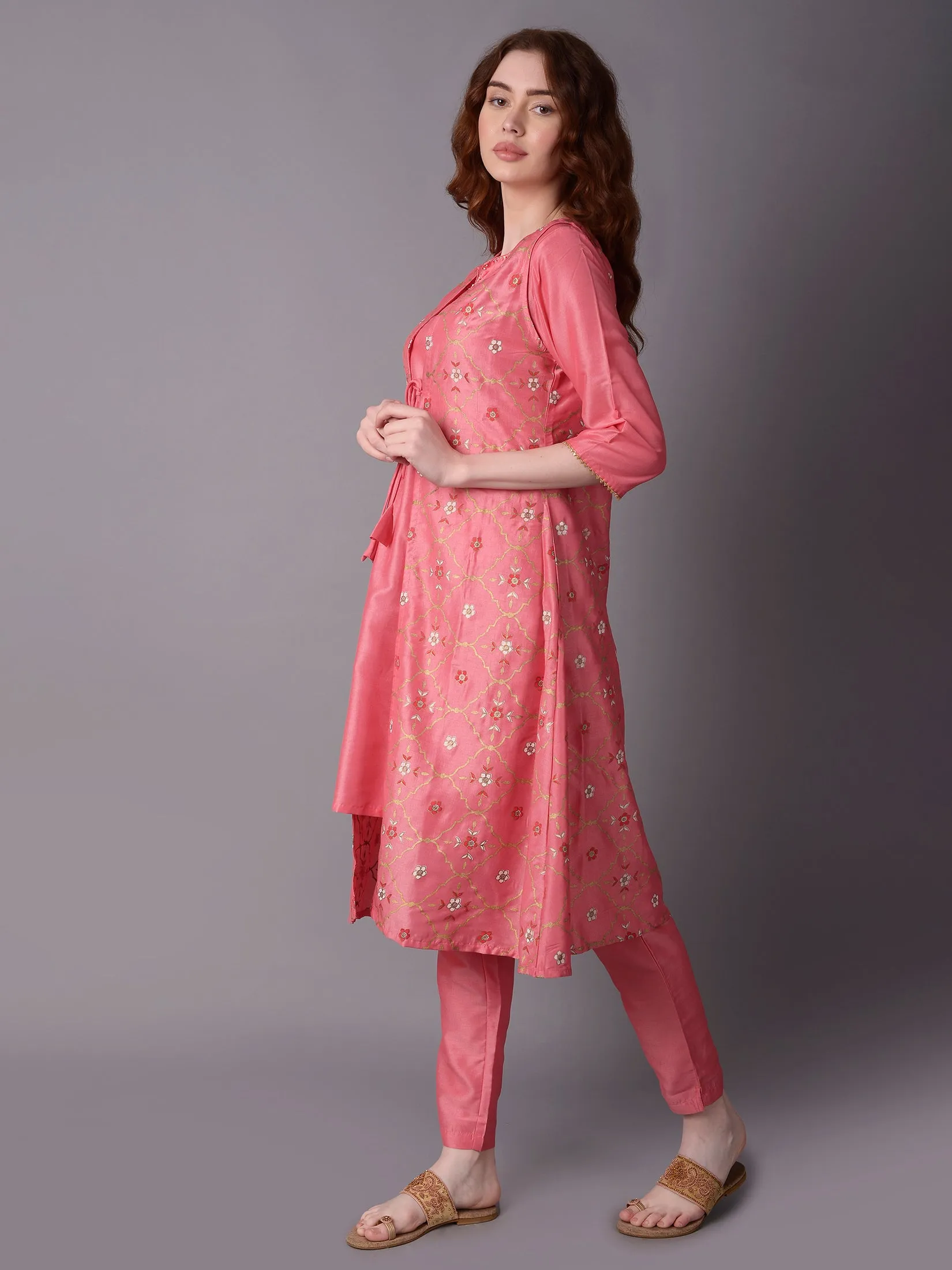 Women Pink Stripe Printed Kurta Trouser Jacket