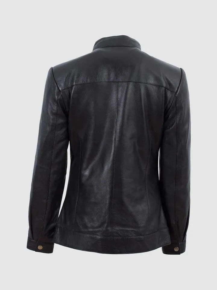 Women's Black Band Collar Biker Leather Jacket