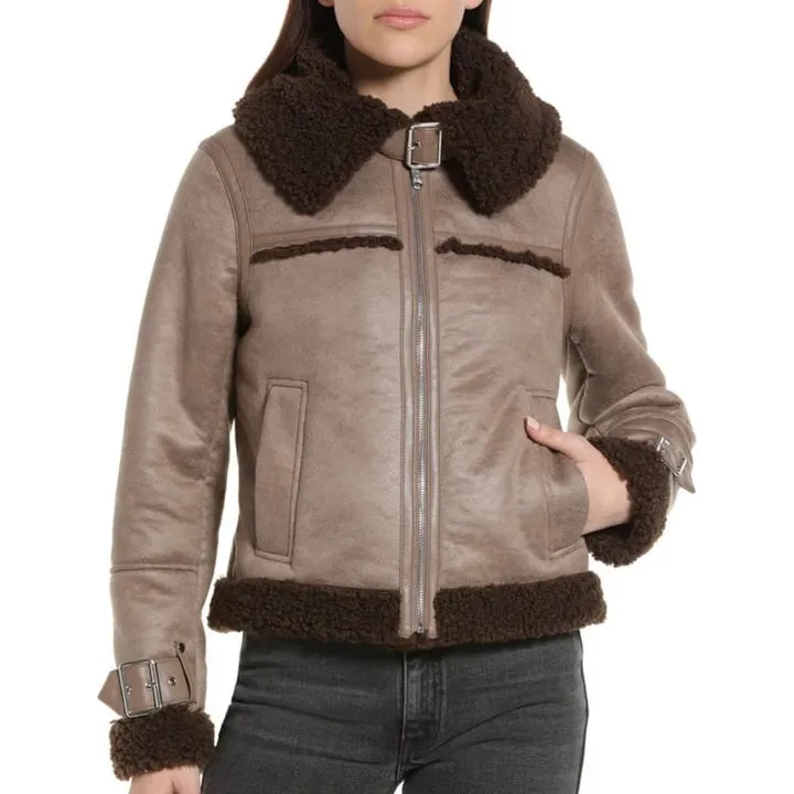 Women's Flight Aviator Pilot Shearling Sherpa Leather Jacket