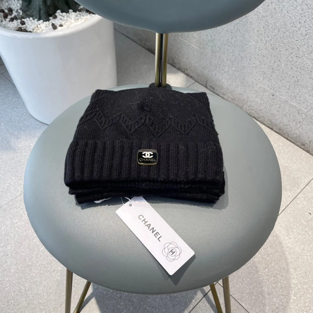 WOOL KNIT HAT AND SCARF SET BLACK 420828