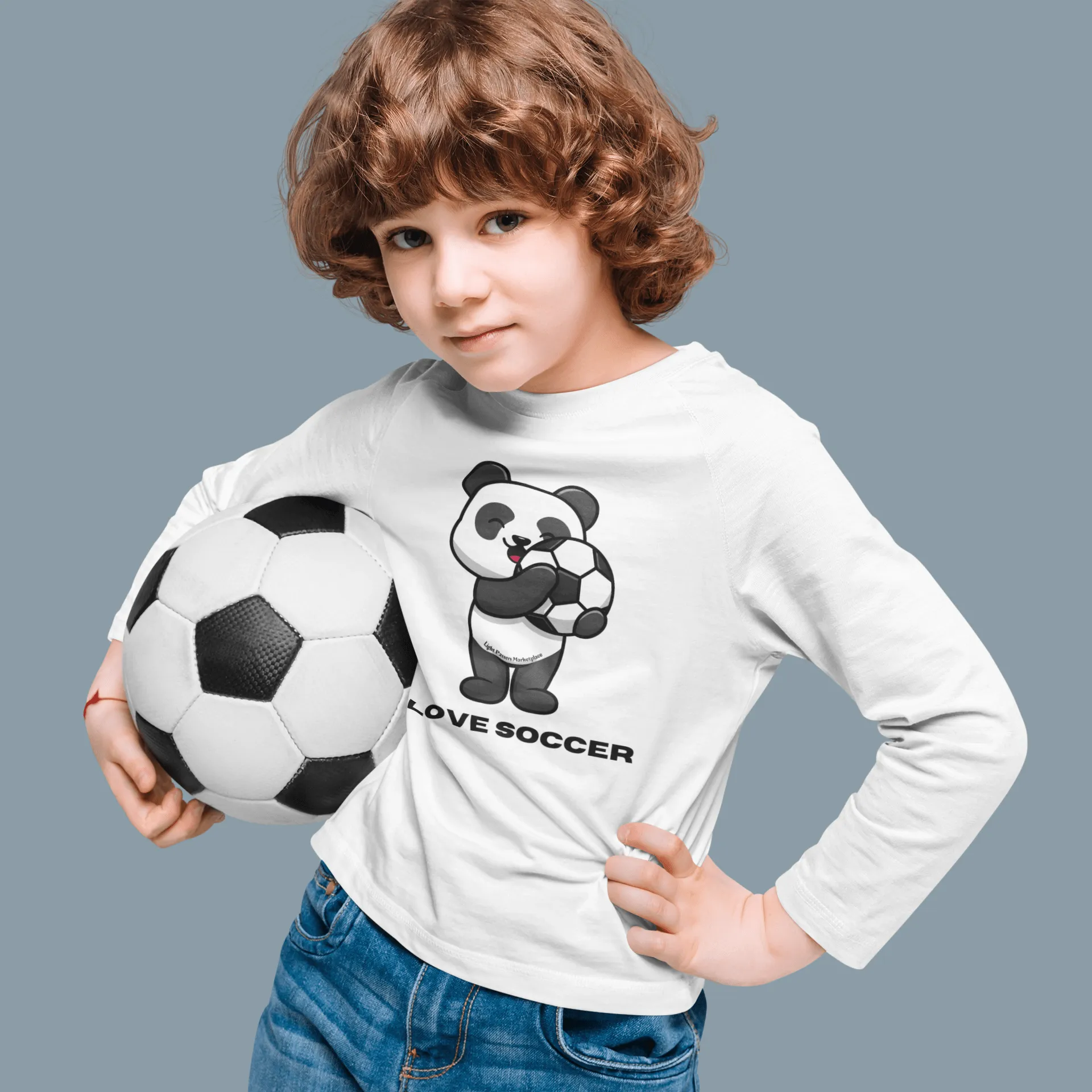 Youth Long Sleeve - Panda Says I Love Soccer Love and Peace