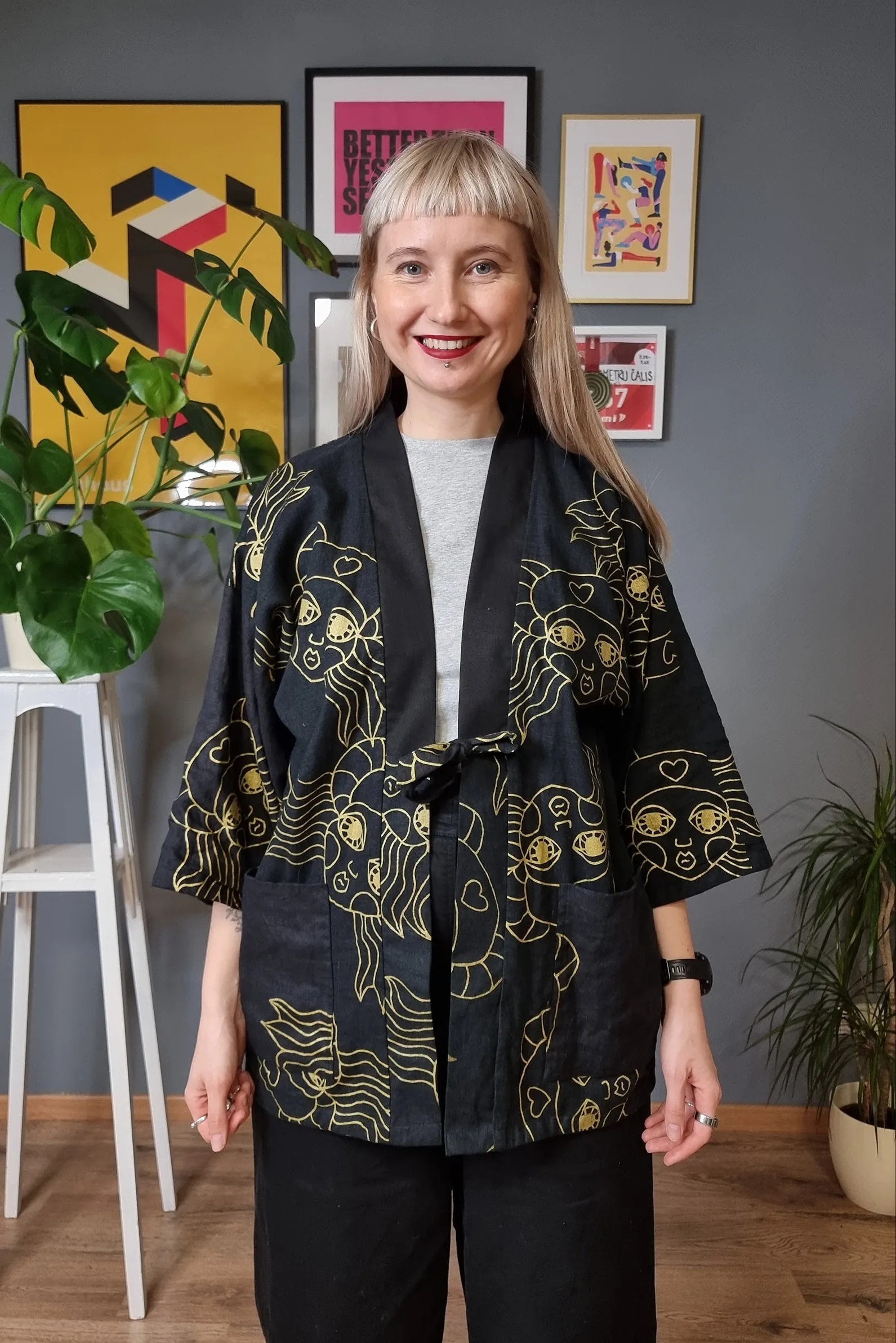 Zero Waste Patch Work Hanten Jacket in Cotton and Linen with Cotton Satin Lining in Black and Gold