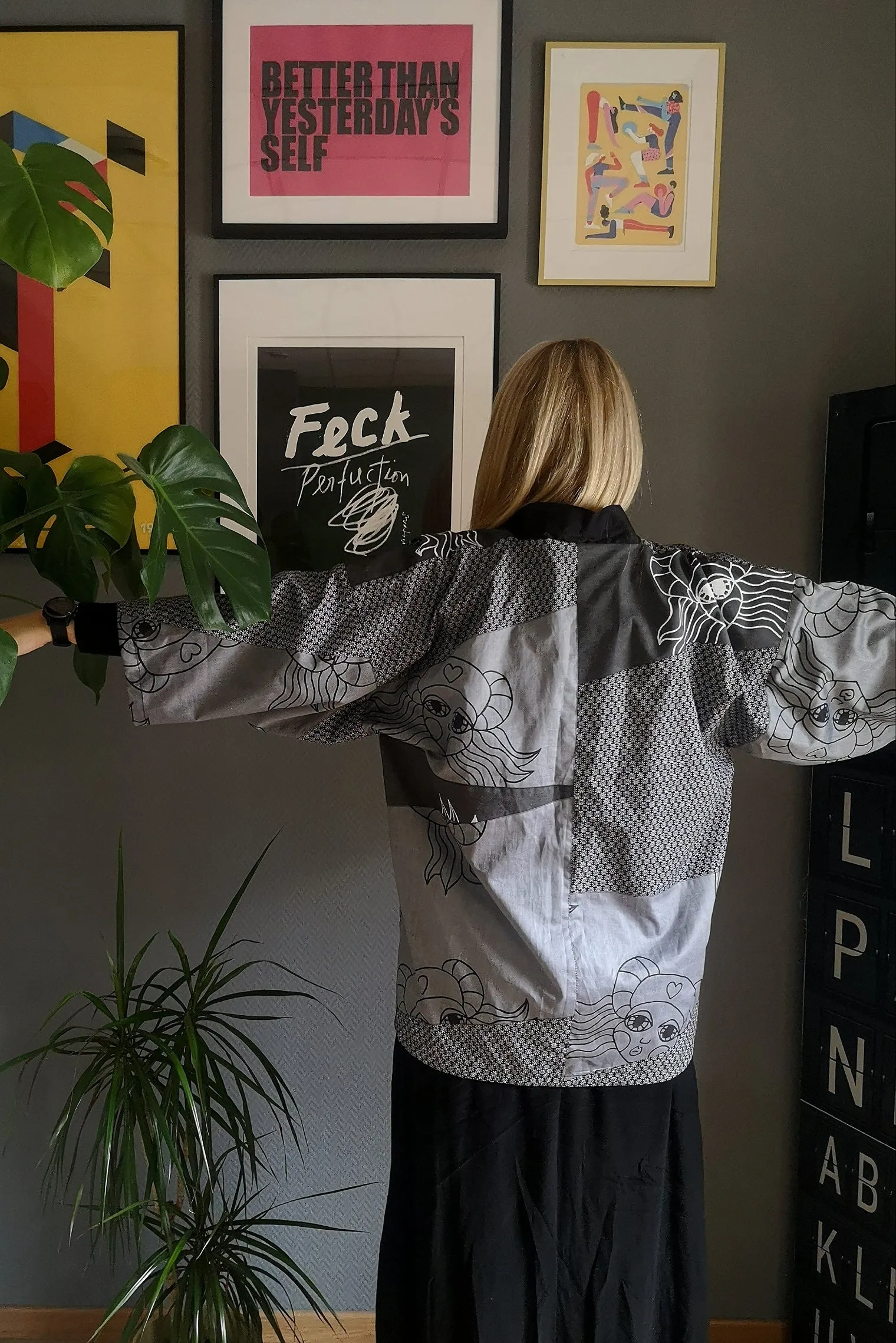 Zero Waste Patch Work Hanten Jacket in Cotton and Linen with Cotton Satin Lining in Grey an Black