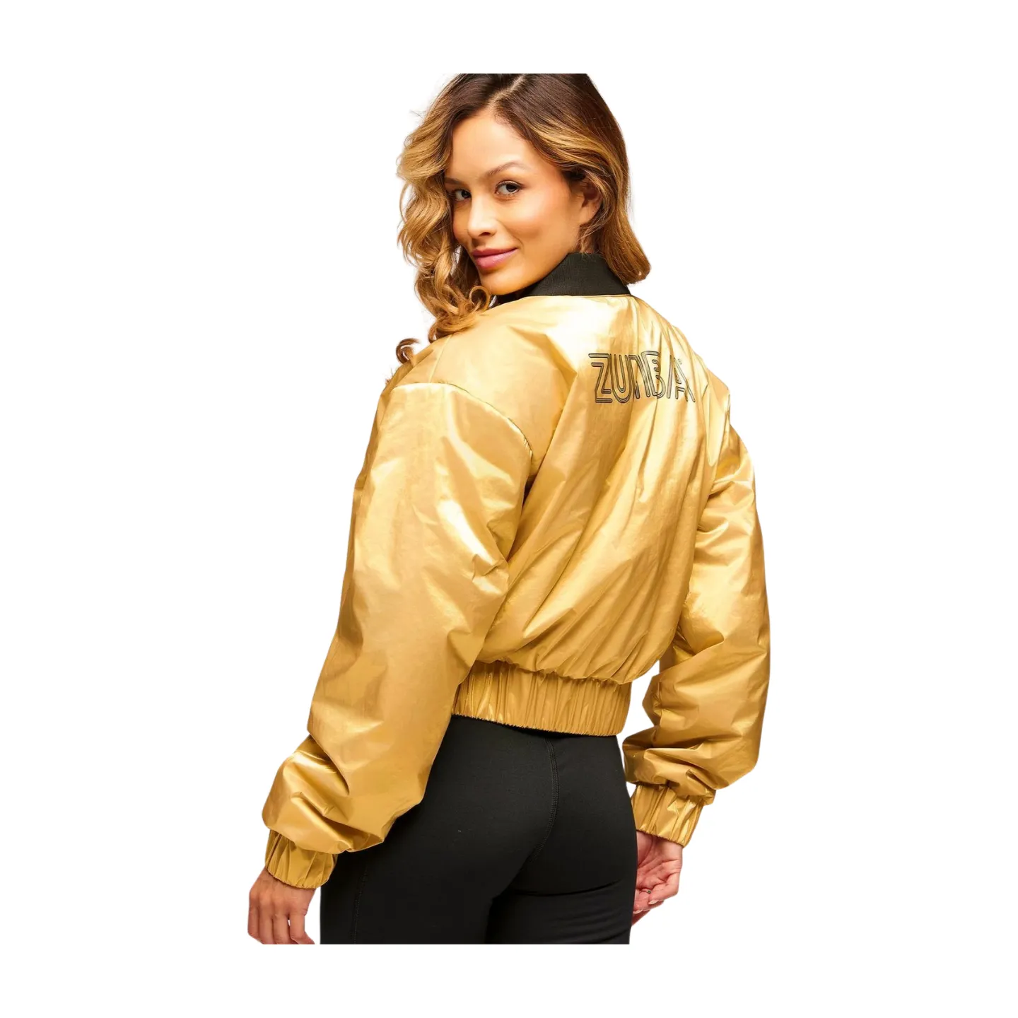 Zumba Runway Crop Zip Up Puff Bomber Jacket