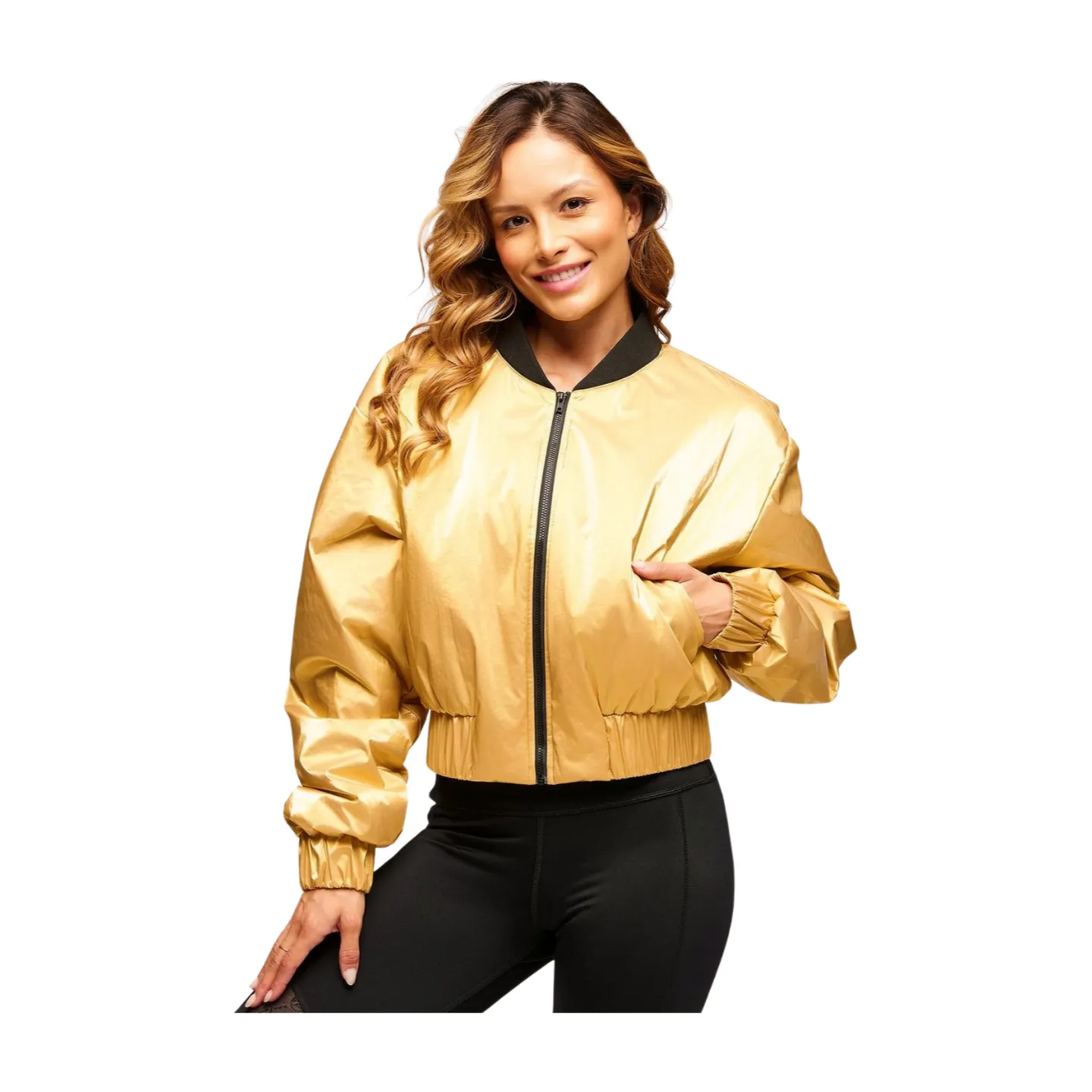 Zumba Runway Crop Zip Up Puff Bomber Jacket